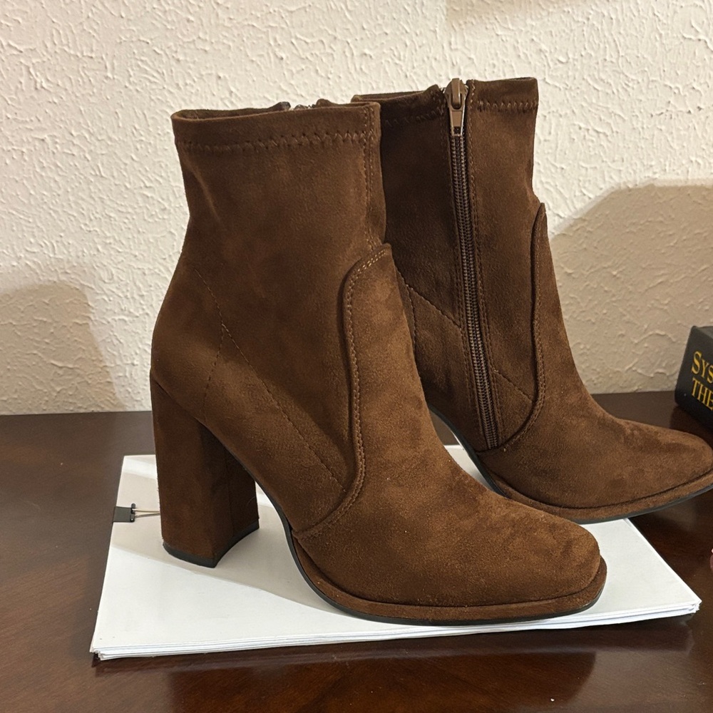 BAMBOO Chestnut Brown Suede Block Heel Ankle Boots